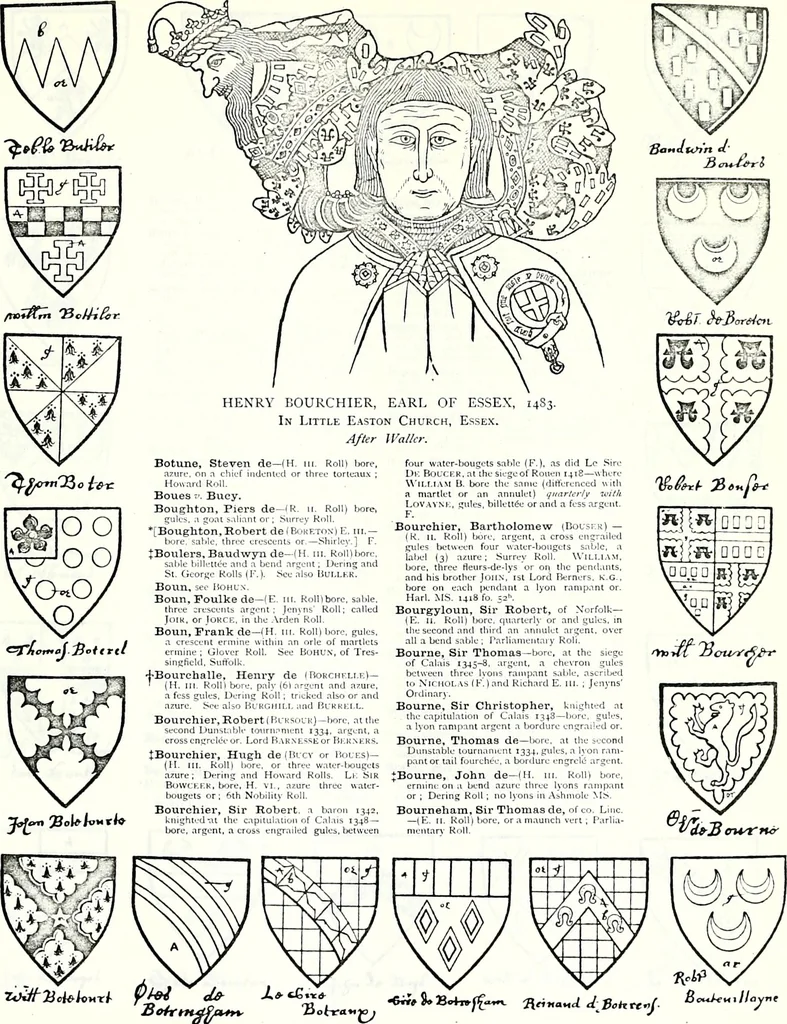 An illustration from Some feudal coats of arms and others, illustrated with 2,000 zinco etchings from the Bayear tapestry, Greek vases, seals, tiles, effigies, brasses and heralcic rolls. Some chart pedigrees, 1902, leaf 136