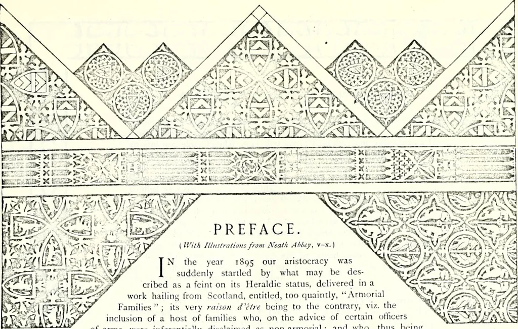 An illustration from Some feudal coats of arms and others, illustrated with 2,000 zinco etchings from the Bayear tapestry, Greek vases, seals, tiles, effigies, brasses and heralcic rolls. Some chart pedigrees, 1902, leaf 14