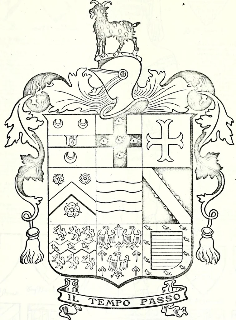 An illustration from Some feudal coats of arms and others, illustrated with 2,000 zinco etchings from the Bayear tapestry, Greek vases, seals, tiles, effigies, brasses and heralcic rolls. Some chart pedigrees, 1902, leaf 140