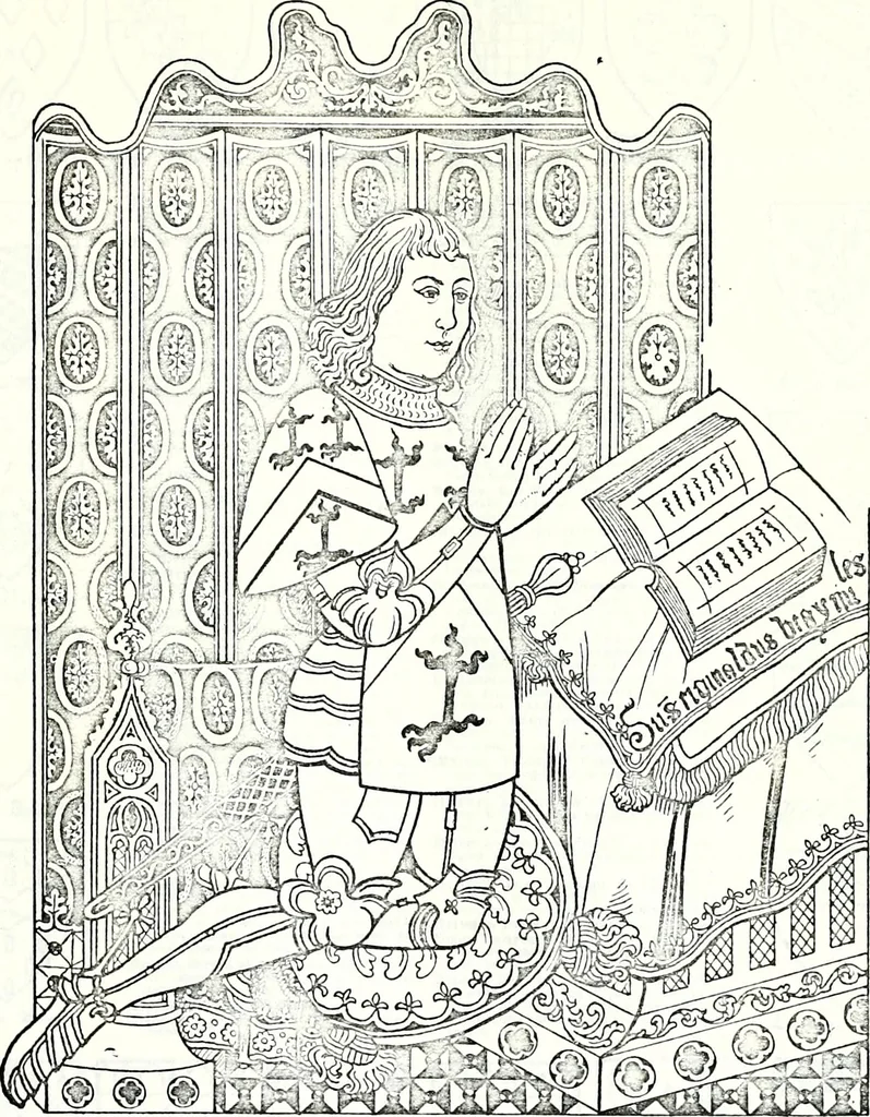 An illustration from Some feudal coats of arms and others, illustrated with 2,000 zinco etchings from the Bayear tapestry, Greek vases, seals, tiles, effigies, brasses and heralcic rolls. Some chart pedigrees, 1902, leaf 144
