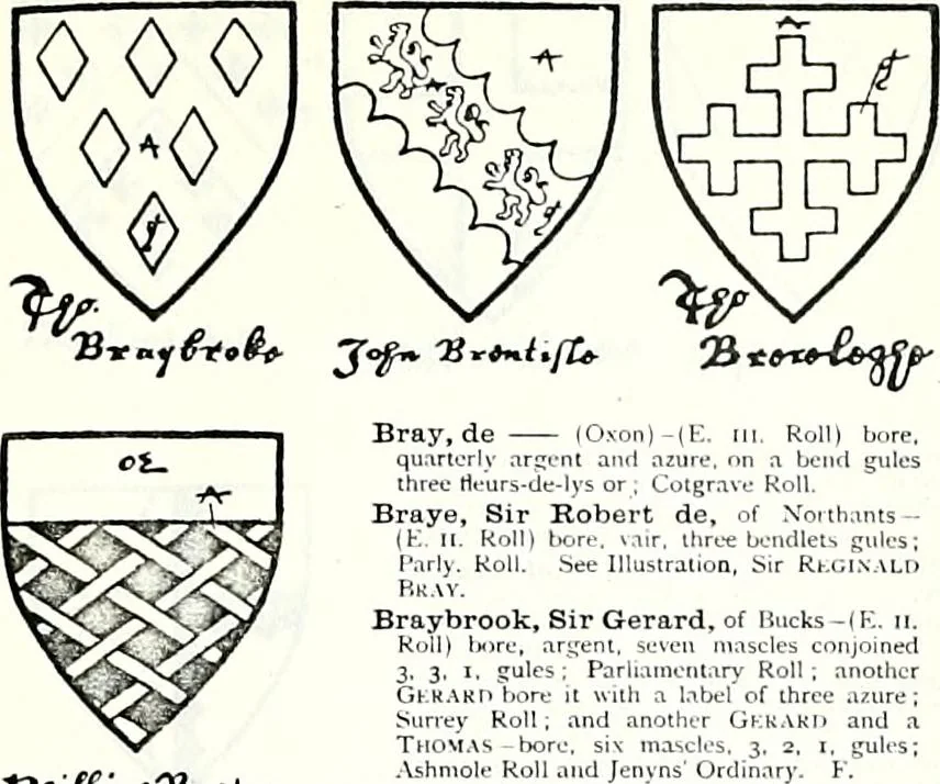An illustration from Some feudal coats of arms and others, illustrated with 2,000 zinco etchings from the Bayear tapestry, Greek vases, seals, tiles, effigies, brasses and heralcic rolls. Some chart pedigrees, 1902, leaf 146