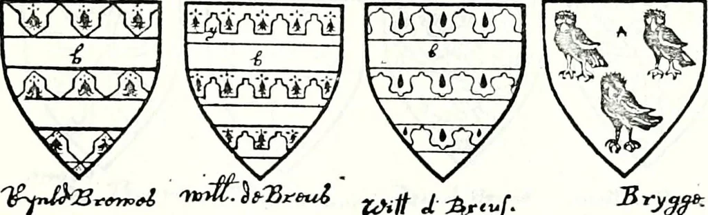 An illustration from Some feudal coats of arms and others, illustrated with 2,000 zinco etchings from the Bayear tapestry, Greek vases, seals, tiles, effigies, brasses and heralcic rolls. Some chart pedigrees, 1902, leaf 146