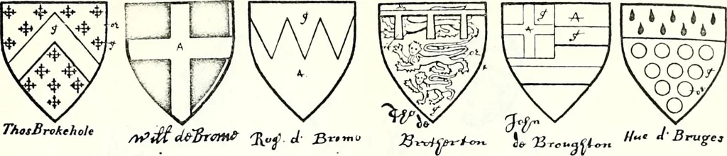 An illustration from Some feudal coats of arms and others, illustrated with 2,000 zinco etchings from the Bayear tapestry, Greek vases, seals, tiles, effigies, brasses and heralcic rolls. Some chart pedigrees, 1902, leaf 148