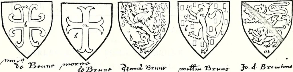 An illustration from Some feudal coats of arms and others, illustrated with 2,000 zinco etchings from the Bayear tapestry, Greek vases, seals, tiles, effigies, brasses and heralcic rolls. Some chart pedigrees, 1902, leaf 148