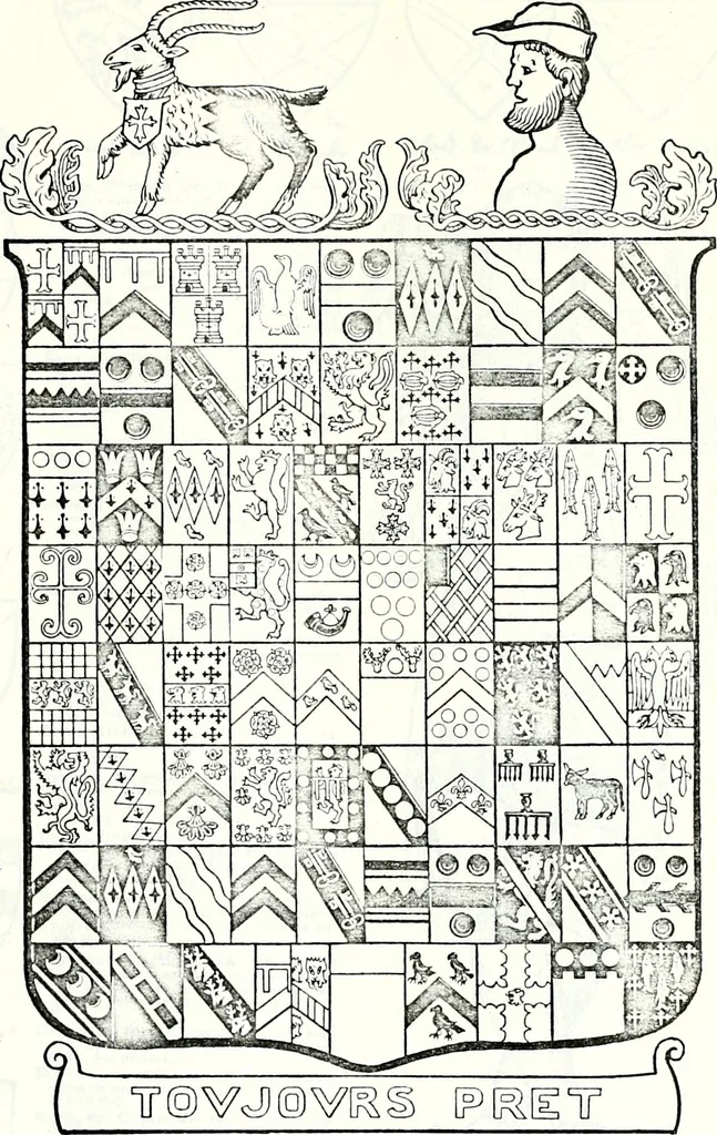 An illustration from Some feudal coats of arms and others, illustrated with 2,000 zinco etchings from the Bayear tapestry, Greek vases, seals, tiles, effigies, brasses and heralcic rolls. Some chart pedigrees, 1902, leaf 150