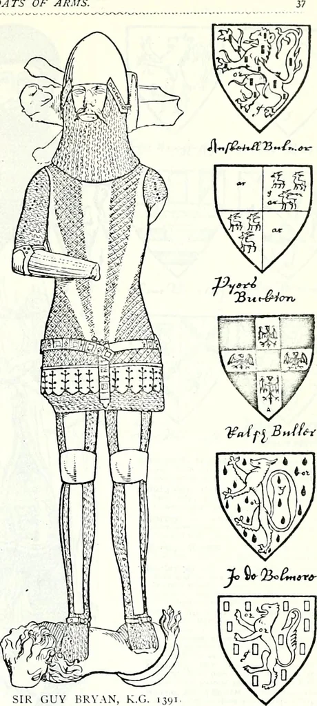 An illustration from Some feudal coats of arms and others, illustrated with 2,000 zinco etchings from the Bayear tapestry, Greek vases, seals, tiles, effigies, brasses and heralcic rolls. Some chart pedigrees, 1902, leaf 154