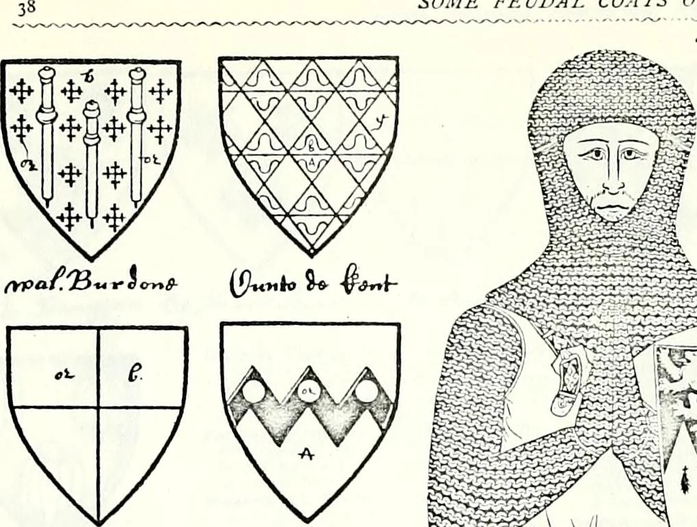 An illustration from Some feudal coats of arms and others, illustrated with 2,000 zinco etchings from the Bayear tapestry, Greek vases, seals, tiles, effigies, brasses and heralcic rolls. Some chart pedigrees, 1902, leaf 156