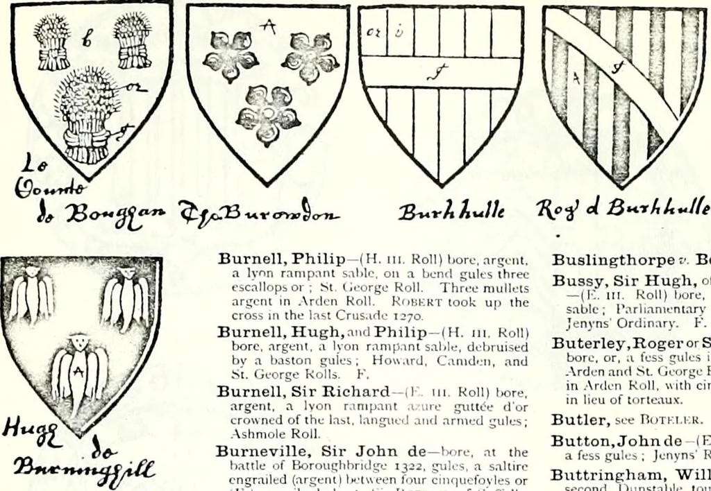An illustration from Some feudal coats of arms and others, illustrated with 2,000 zinco etchings from the Bayear tapestry, Greek vases, seals, tiles, effigies, brasses and heralcic rolls. Some chart pedigrees, 1902, leaf 158