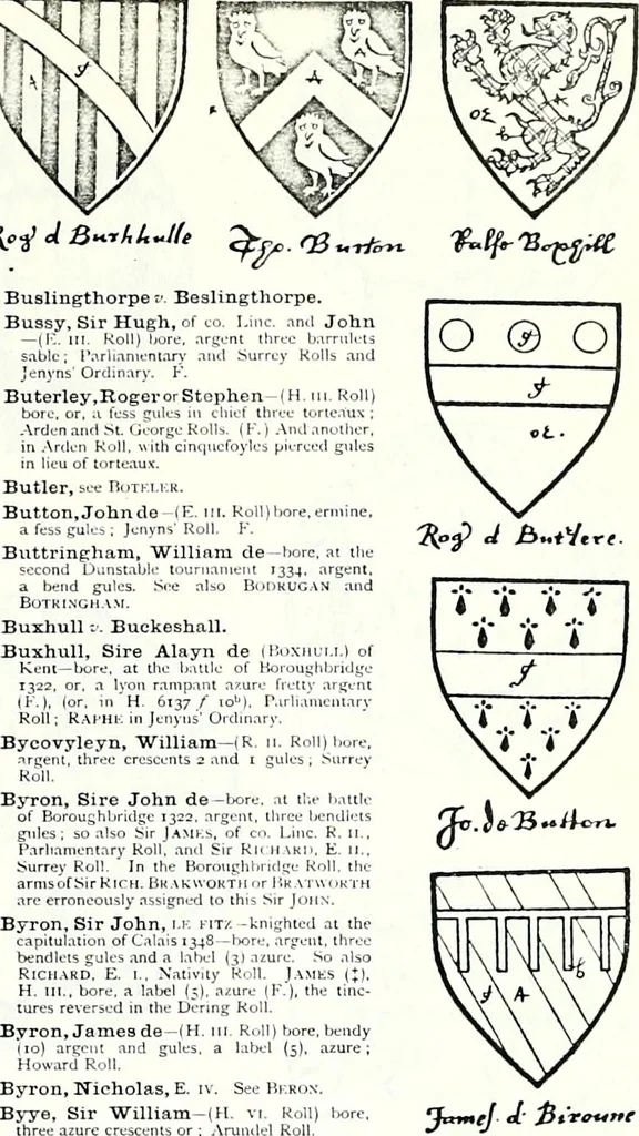 An illustration from Some feudal coats of arms and others, illustrated with 2,000 zinco etchings from the Bayear tapestry, Greek vases, seals, tiles, effigies, brasses and heralcic rolls. Some chart pedigrees, 1902, leaf 158