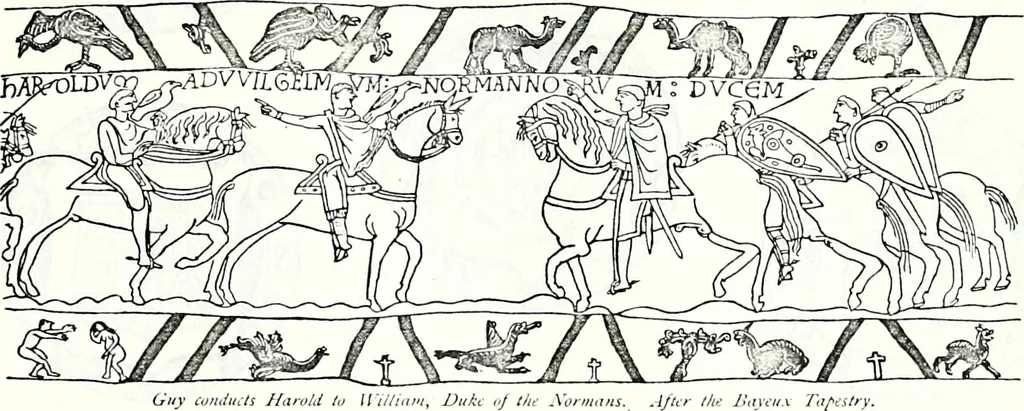 An illustration from Some feudal coats of arms and others, illustrated with 2,000 zinco etchings from the Bayear tapestry, Greek vases, seals, tiles, effigies, brasses and heralcic rolls. Some chart pedigrees, 1902, leaf 158