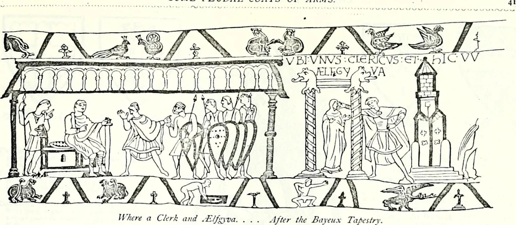 An illustration from Some feudal coats of arms and others, illustrated with 2,000 zinco etchings from the Bayear tapestry, Greek vases, seals, tiles, effigies, brasses and heralcic rolls. Some chart pedigrees, 1902, leaf 162