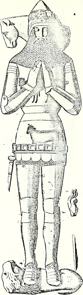 An illustration from Some feudal coats of arms and others, illustrated with 2,000 zinco etchings from the Bayear tapestry, Greek vases, seals, tiles, effigies, brasses and heralcic rolls. Some chart pedigrees, 1902, leaf 164