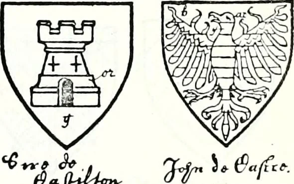 An illustration from Some feudal coats of arms and others, illustrated with 2,000 zinco etchings from the Bayear tapestry, Greek vases, seals, tiles, effigies, brasses and heralcic rolls. Some chart pedigrees, 1902, leaf 164