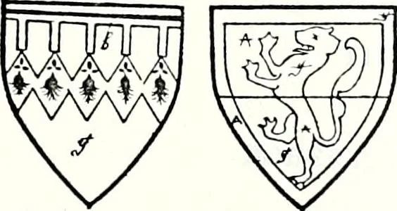 An illustration from Some feudal coats of arms and others, illustrated with 2,000 zinco etchings from the Bayear tapestry, Greek vases, seals, tiles, effigies, brasses and heralcic rolls. Some chart pedigrees, 1902, leaf 166