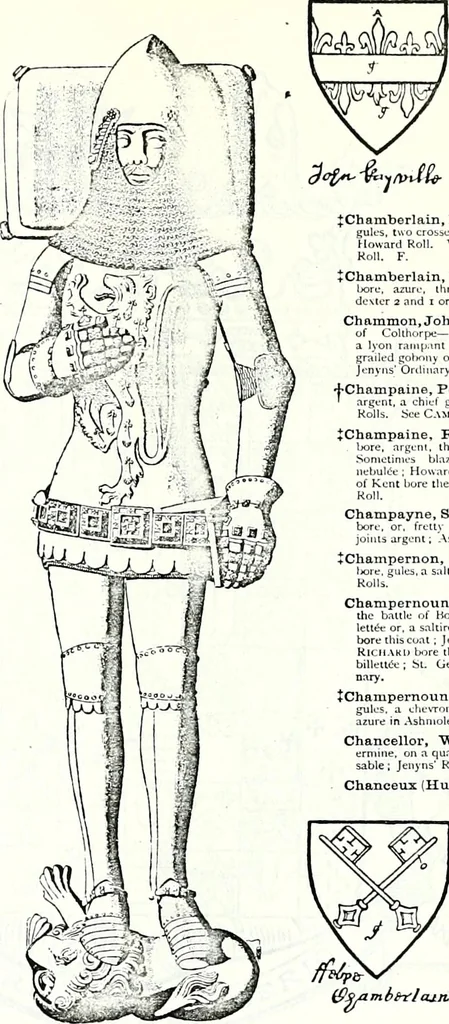 An illustration from Some feudal coats of arms and others, illustrated with 2,000 zinco etchings from the Bayear tapestry, Greek vases, seals, tiles, effigies, brasses and heralcic rolls. Some chart pedigrees, 1902, leaf 166