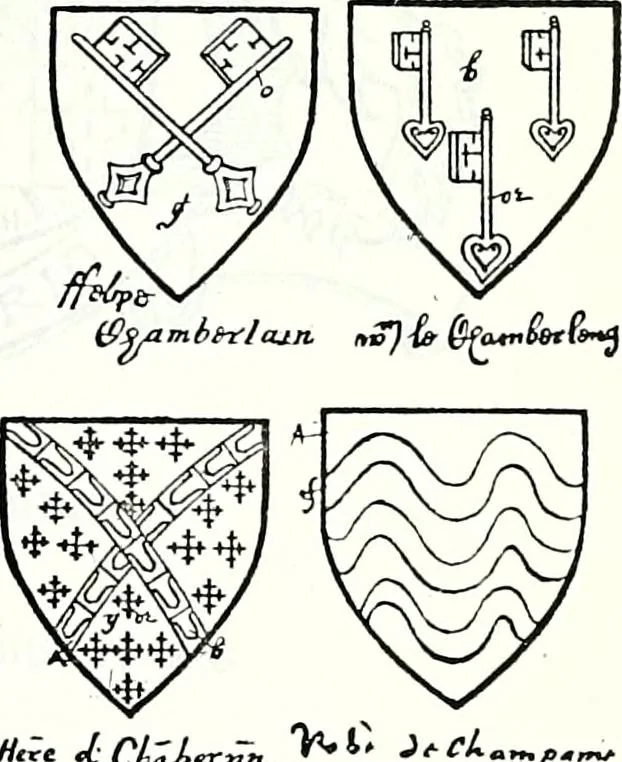 An illustration from Some feudal coats of arms and others, illustrated with 2,000 zinco etchings from the Bayear tapestry, Greek vases, seals, tiles, effigies, brasses and heralcic rolls. Some chart pedigrees, 1902, leaf 166