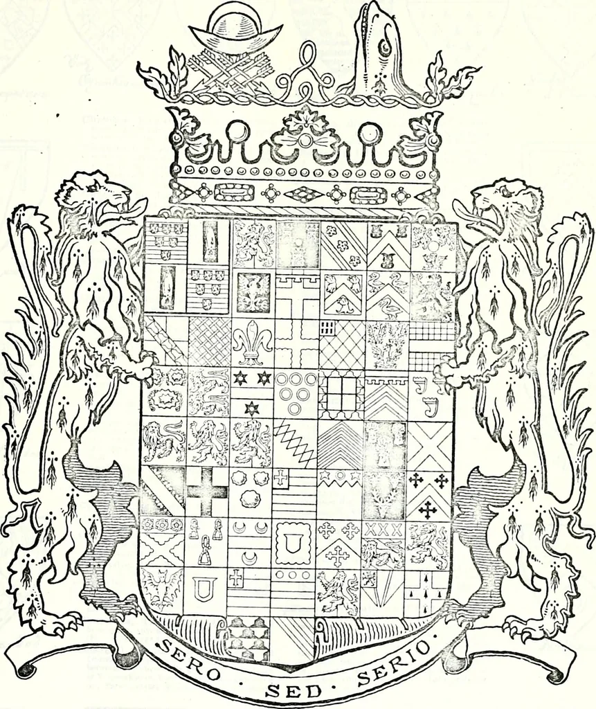 An illustration from Some feudal coats of arms and others, illustrated with 2,000 zinco etchings from the Bayear tapestry, Greek vases, seals, tiles, effigies, brasses and heralcic rolls. Some chart pedigrees, 1902, leaf 168