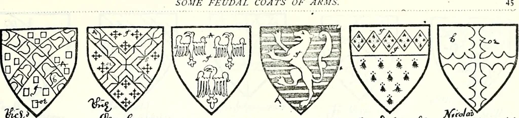 An illustration from Some feudal coats of arms and others, illustrated with 2,000 zinco etchings from the Bayear tapestry, Greek vases, seals, tiles, effigies, brasses and heralcic rolls. Some chart pedigrees, 1902, leaf 170