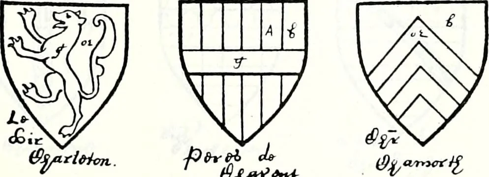 An illustration from Some feudal coats of arms and others, illustrated with 2,000 zinco etchings from the Bayear tapestry, Greek vases, seals, tiles, effigies, brasses and heralcic rolls. Some chart pedigrees, 1902, leaf 170