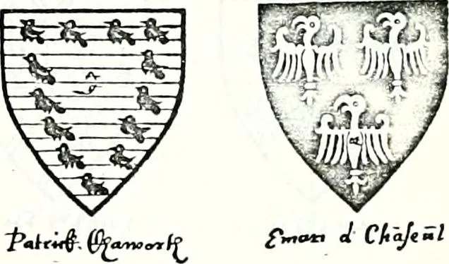 An illustration from Some feudal coats of arms and others, illustrated with 2,000 zinco etchings from the Bayear tapestry, Greek vases, seals, tiles, effigies, brasses and heralcic rolls. Some chart pedigrees, 1902, leaf 170