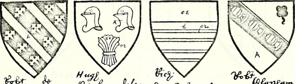 An illustration from Some feudal coats of arms and others, illustrated with 2,000 zinco etchings from the Bayear tapestry, Greek vases, seals, tiles, effigies, brasses and heralcic rolls. Some chart pedigrees, 1902, leaf 174