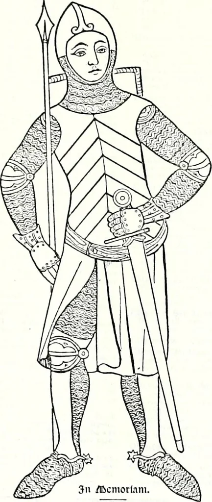 An illustration from Some feudal coats of arms and others, illustrated with 2,000 zinco etchings from the Bayear tapestry, Greek vases, seals, tiles, effigies, brasses and heralcic rolls. Some chart pedigrees, 1902, leaf 174