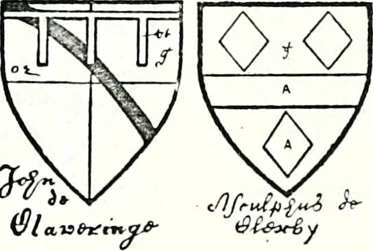 An illustration from Some feudal coats of arms and others, illustrated with 2,000 zinco etchings from the Bayear tapestry, Greek vases, seals, tiles, effigies, brasses and heralcic rolls. Some chart pedigrees, 1902, leaf 174