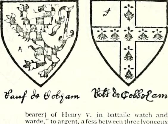 An illustration from Some feudal coats of arms and others, illustrated with 2,000 zinco etchings from the Bayear tapestry, Greek vases, seals, tiles, effigies, brasses and heralcic rolls. Some chart pedigrees, 1902, leaf 178