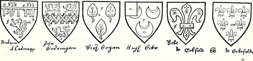 An illustration from Some feudal coats of arms and others, illustrated with 2,000 zinco etchings from the Bayear tapestry, Greek vases, seals, tiles, effigies, brasses and heralcic rolls. Some chart pedigrees, 1902, leaf 178