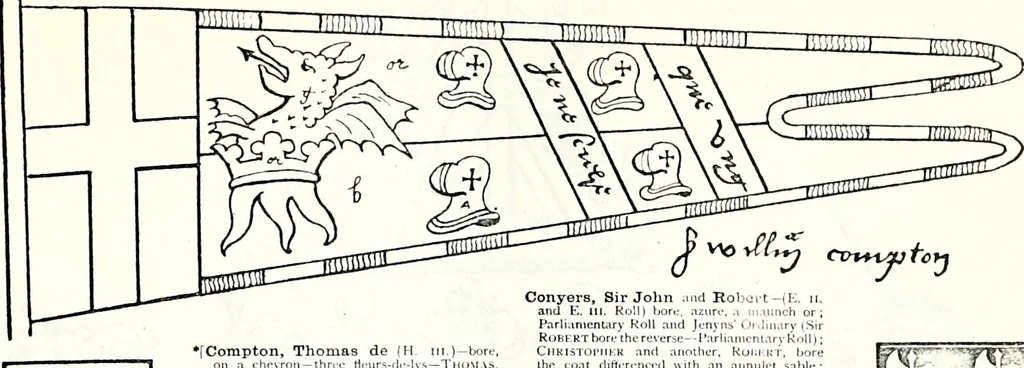 An illustration from Some feudal coats of arms and others, illustrated with 2,000 zinco etchings from the Bayear tapestry, Greek vases, seals, tiles, effigies, brasses and heralcic rolls. Some chart pedigrees, 1902, leaf 182