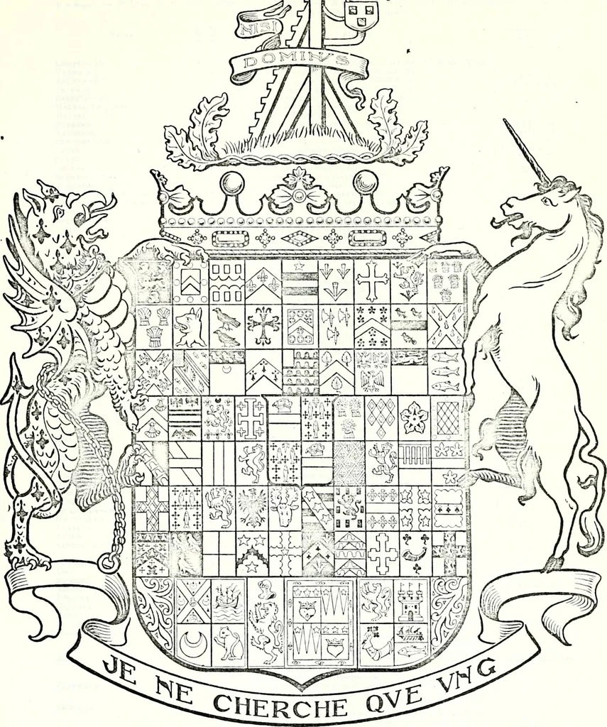 An illustration from Some feudal coats of arms and others, illustrated with 2,000 zinco etchings from the Bayear tapestry, Greek vases, seals, tiles, effigies, brasses and heralcic rolls. Some chart pedigrees, 1902, leaf 184