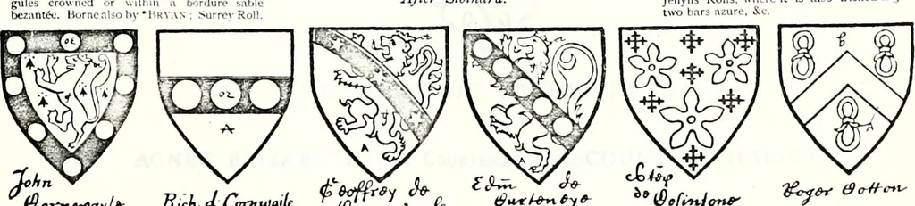 An illustration from Some feudal coats of arms and others, illustrated with 2,000 zinco etchings from the Bayear tapestry, Greek vases, seals, tiles, effigies, brasses and heralcic rolls. Some chart pedigrees, 1902, leaf 188