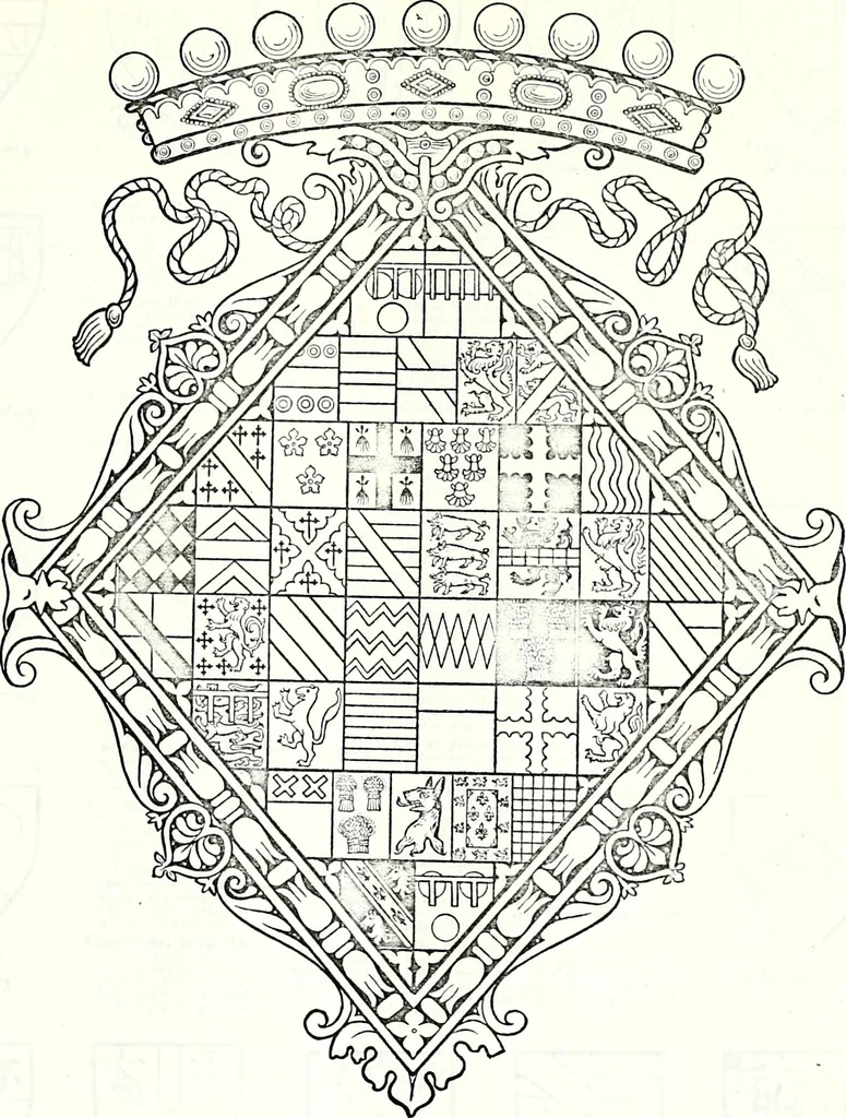 An illustration from Some feudal coats of arms and others, illustrated with 2,000 zinco etchings from the Bayear tapestry, Greek vases, seals, tiles, effigies, brasses and heralcic rolls. Some chart pedigrees, 1902, leaf 190