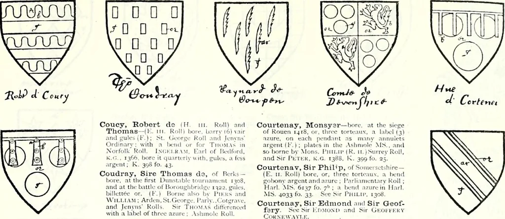 An illustration from Some feudal coats of arms and others, illustrated with 2,000 zinco etchings from the Bayear tapestry, Greek vases, seals, tiles, effigies, brasses and heralcic rolls. Some chart pedigrees, 1902, leaf 192