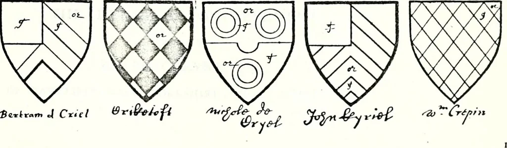 An illustration from Some feudal coats of arms and others, illustrated with 2,000 zinco etchings from the Bayear tapestry, Greek vases, seals, tiles, effigies, brasses and heralcic rolls. Some chart pedigrees, 1902, leaf 194