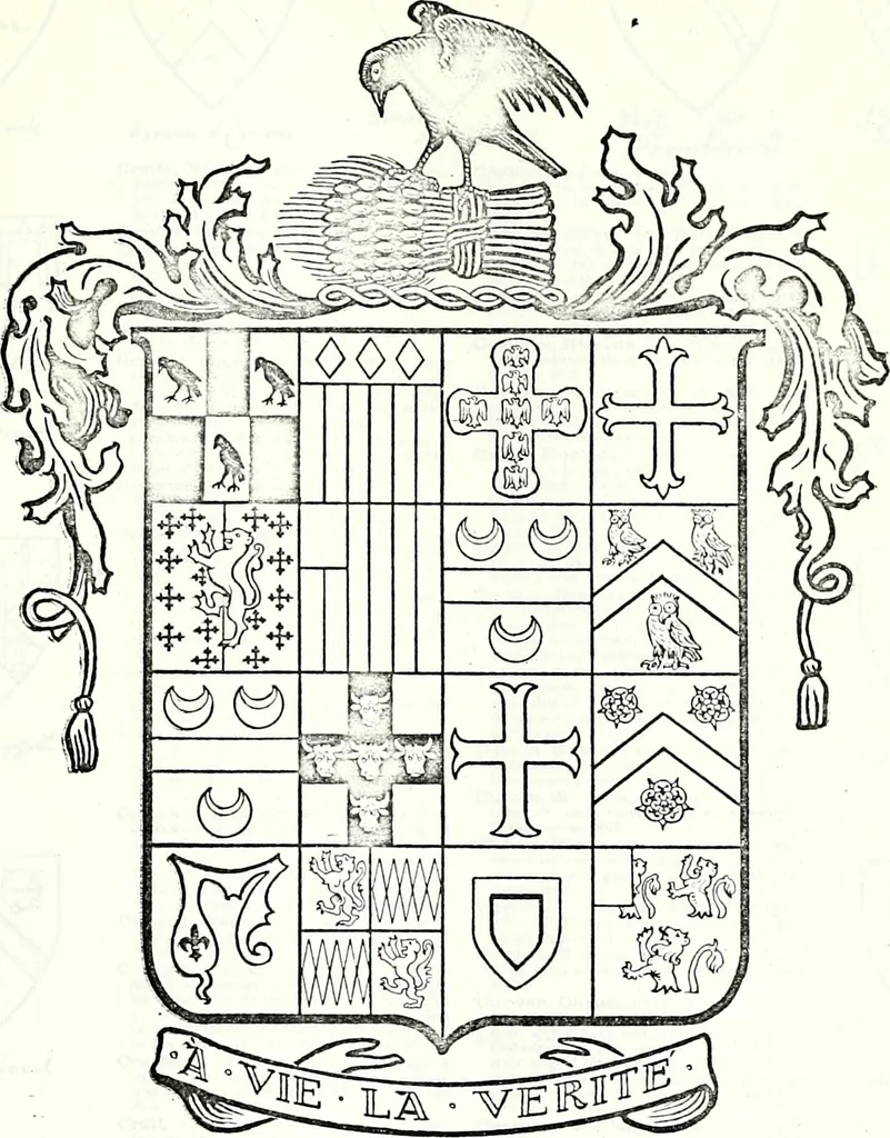 An illustration from Some feudal coats of arms and others, illustrated with 2,000 zinco etchings from the Bayear tapestry, Greek vases, seals, tiles, effigies, brasses and heralcic rolls. Some chart pedigrees, 1902, leaf 196