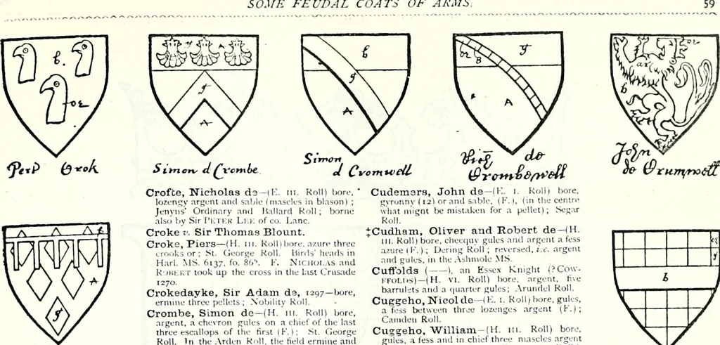 An illustration from Some feudal coats of arms and others, illustrated with 2,000 zinco etchings from the Bayear tapestry, Greek vases, seals, tiles, effigies, brasses and heralcic rolls. Some chart pedigrees, 1902, leaf 198