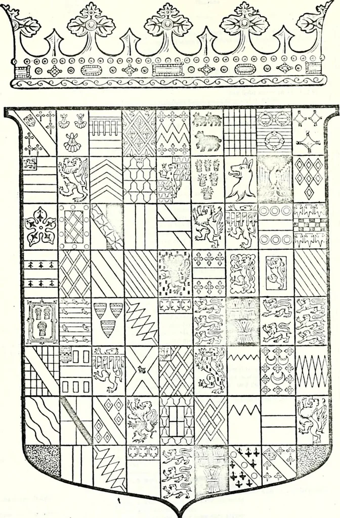 An illustration from Some feudal coats of arms and others, illustrated with 2,000 zinco etchings from the Bayear tapestry, Greek vases, seals, tiles, effigies, brasses and heralcic rolls. Some chart pedigrees, 1902, leaf 200