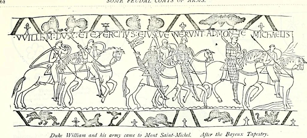 An illustration from Some feudal coats of arms and others, illustrated with 2,000 zinco etchings from the Bayear tapestry, Greek vases, seals, tiles, effigies, brasses and heralcic rolls. Some chart pedigrees, 1902, leaf 204
