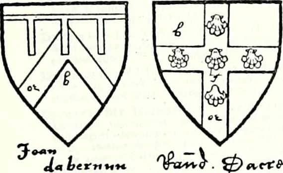 An illustration from Some feudal coats of arms and others, illustrated with 2,000 zinco etchings from the Bayear tapestry, Greek vases, seals, tiles, effigies, brasses and heralcic rolls. Some chart pedigrees, 1902, leaf 204