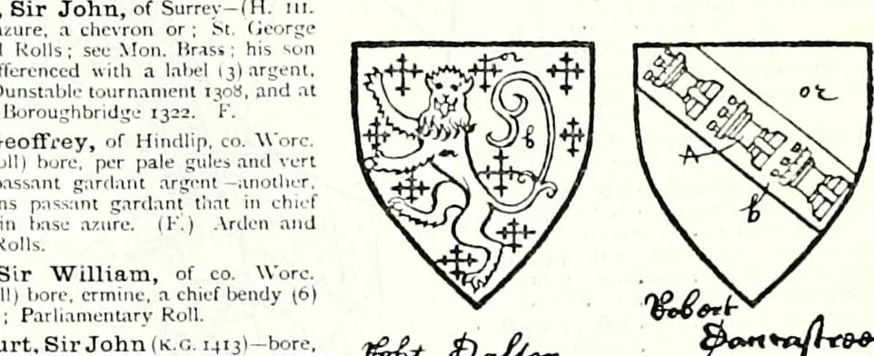 An illustration from Some feudal coats of arms and others, illustrated with 2,000 zinco etchings from the Bayear tapestry, Greek vases, seals, tiles, effigies, brasses and heralcic rolls. Some chart pedigrees, 1902, leaf 204