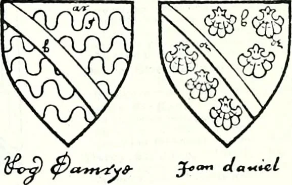 An illustration from Some feudal coats of arms and others, illustrated with 2,000 zinco etchings from the Bayear tapestry, Greek vases, seals, tiles, effigies, brasses and heralcic rolls. Some chart pedigrees, 1902, leaf 204