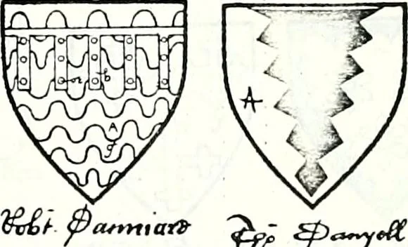 An illustration from Some feudal coats of arms and others, illustrated with 2,000 zinco etchings from the Bayear tapestry, Greek vases, seals, tiles, effigies, brasses and heralcic rolls. Some chart pedigrees, 1902, leaf 204