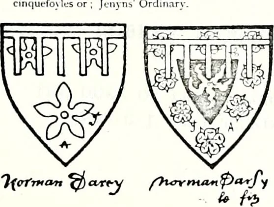 An illustration from Some feudal coats of arms and others, illustrated with 2,000 zinco etchings from the Bayear tapestry, Greek vases, seals, tiles, effigies, brasses and heralcic rolls. Some chart pedigrees, 1902, leaf 206