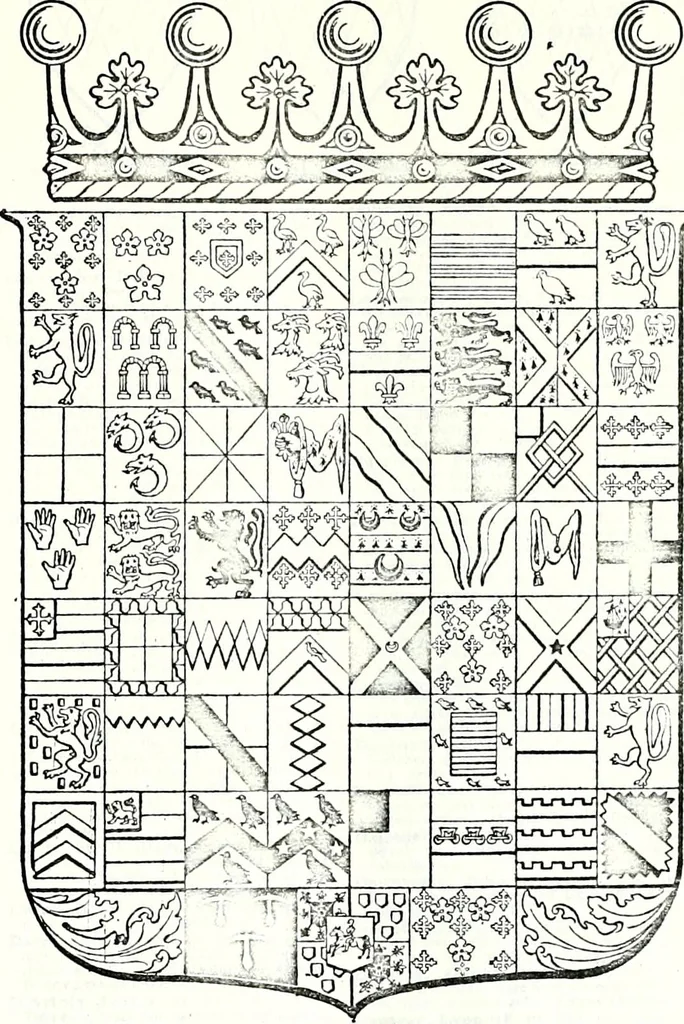 An illustration from Some feudal coats of arms and others, illustrated with 2,000 zinco etchings from the Bayear tapestry, Greek vases, seals, tiles, effigies, brasses and heralcic rolls. Some chart pedigrees, 1902, leaf 208