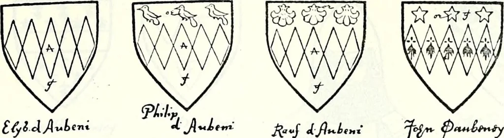 An illustration from Some feudal coats of arms and others, illustrated with 2,000 zinco etchings from the Bayear tapestry, Greek vases, seals, tiles, effigies, brasses and heralcic rolls. Some chart pedigrees, 1902, leaf 210