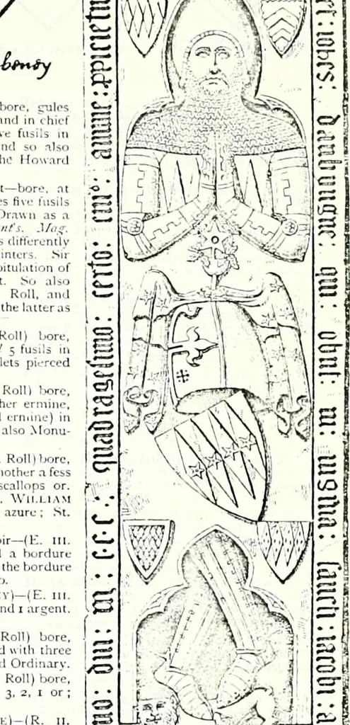 An illustration from Some feudal coats of arms and others, illustrated with 2,000 zinco etchings from the Bayear tapestry, Greek vases, seals, tiles, effigies, brasses and heralcic rolls. Some chart pedigrees, 1902, leaf 210