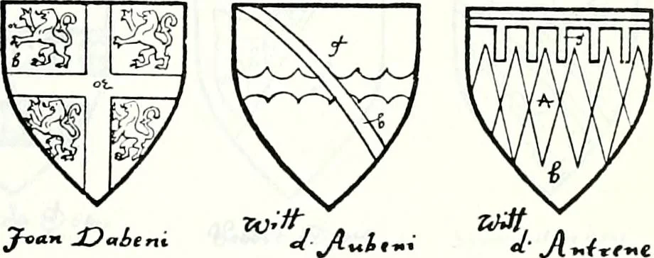 An illustration from Some feudal coats of arms and others, illustrated with 2,000 zinco etchings from the Bayear tapestry, Greek vases, seals, tiles, effigies, brasses and heralcic rolls. Some chart pedigrees, 1902, leaf 210