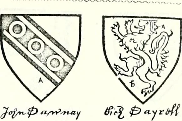 An illustration from Some feudal coats of arms and others, illustrated with 2,000 zinco etchings from the Bayear tapestry, Greek vases, seals, tiles, effigies, brasses and heralcic rolls. Some chart pedigrees, 1902, leaf 212