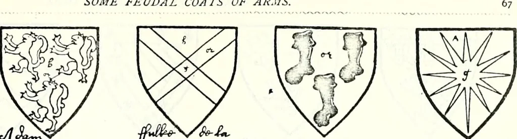 An illustration from Some feudal coats of arms and others, illustrated with 2,000 zinco etchings from the Bayear tapestry, Greek vases, seals, tiles, effigies, brasses and heralcic rolls. Some chart pedigrees, 1902, leaf 214